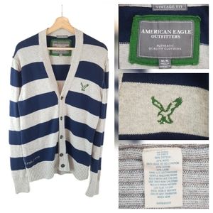 American Eagle Vintage Fit Wool Blend Slouchy Striped Sweater Navy/Gray M